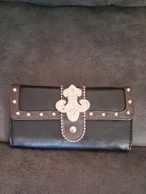 Black and Brown Studded Leather Wallet with Decorative Cross Accent